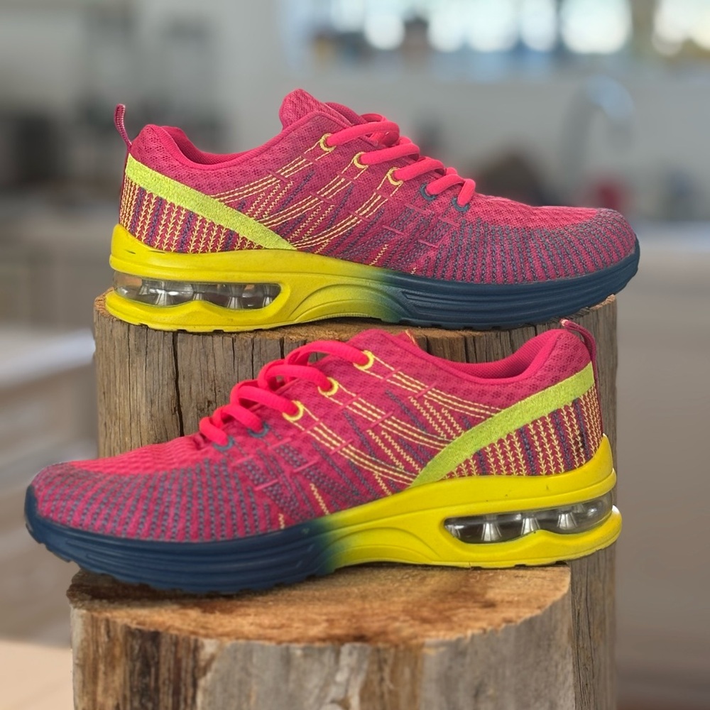 Women’s Size 8 Neon Knit Air Cushion Sneakers Pink Yellow Blue